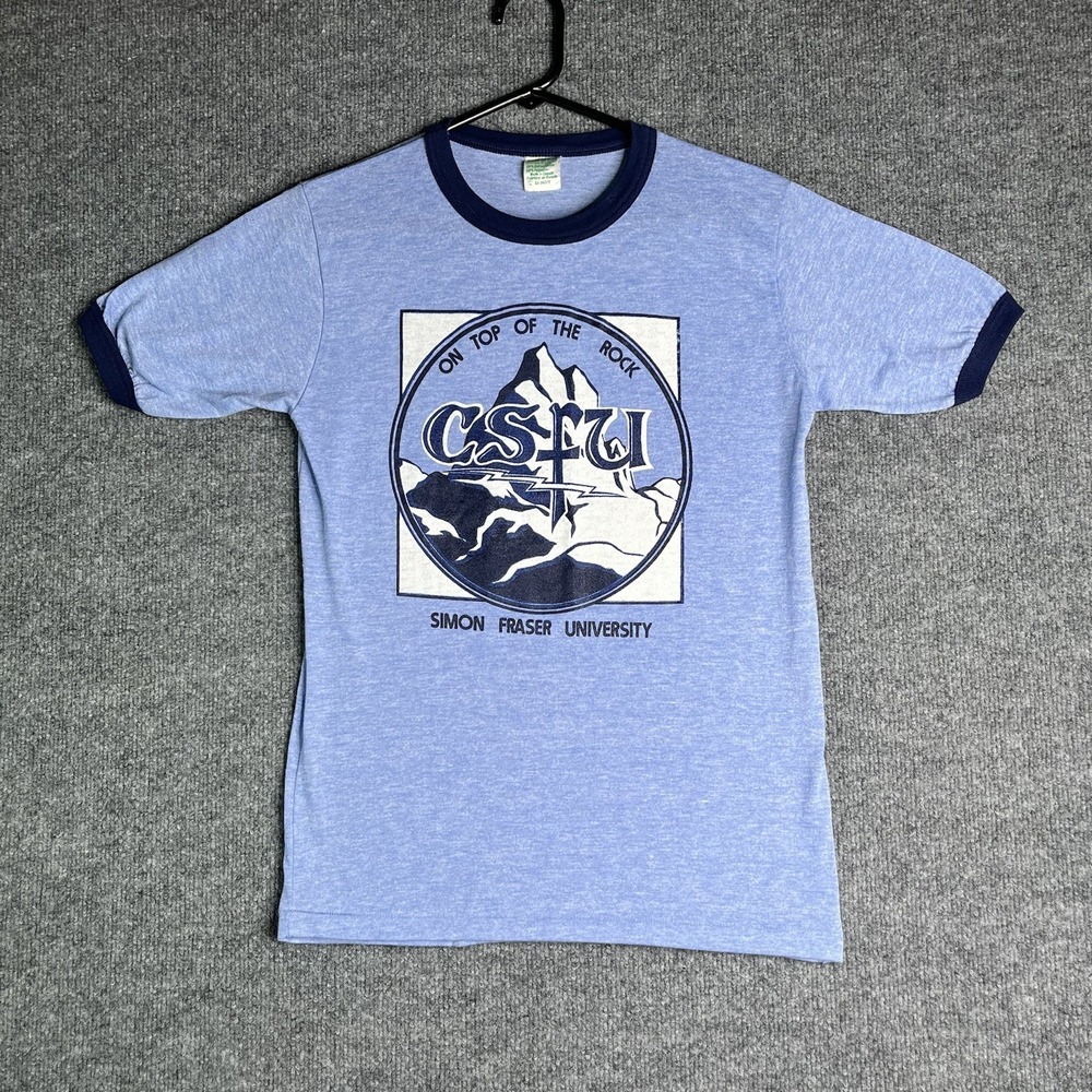 Vintage 80s Simon Fraser University Ringer Shirt M Blue Canada‎ Single Stitch